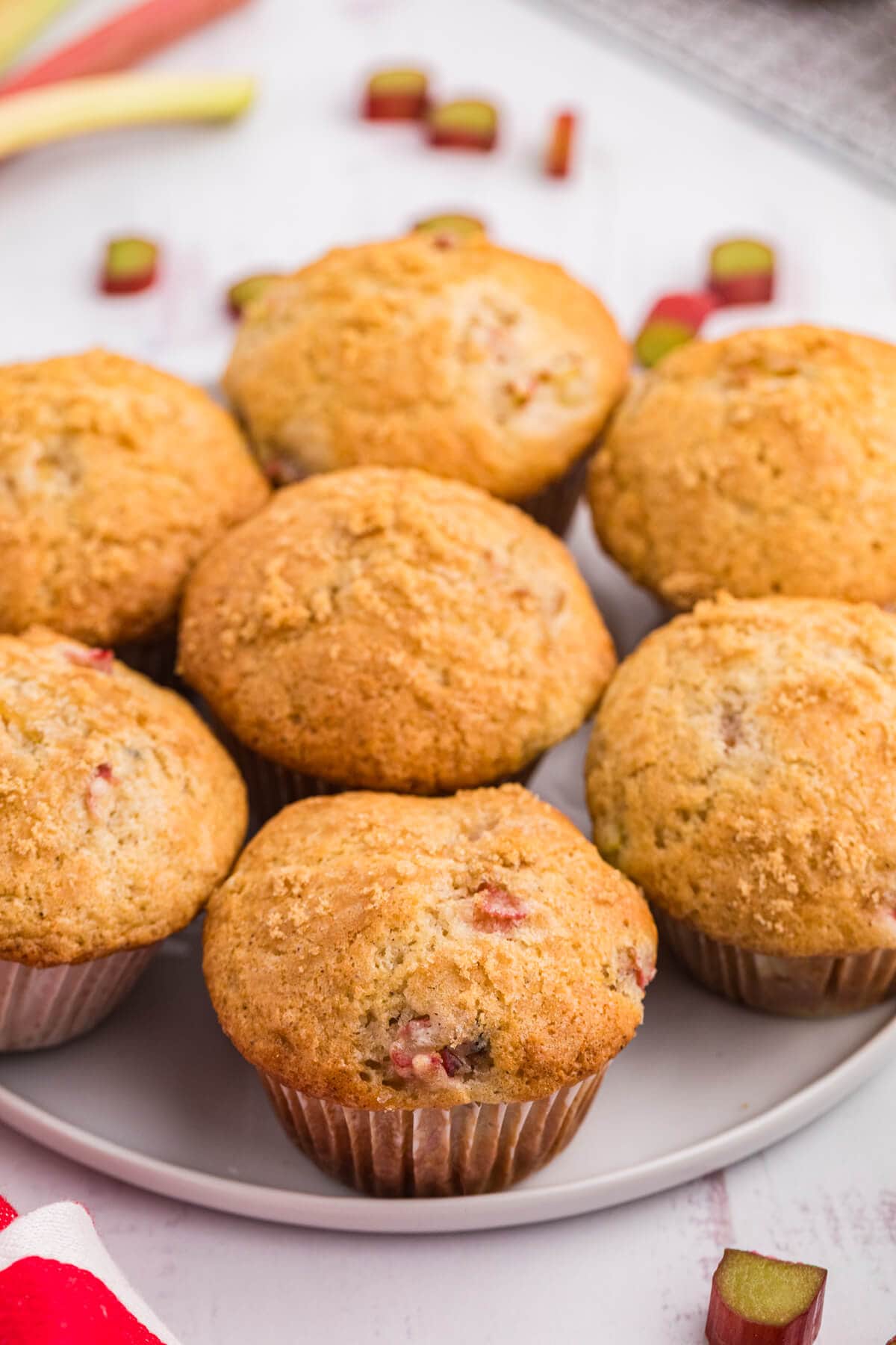 Rhubarb muffins on a plate.