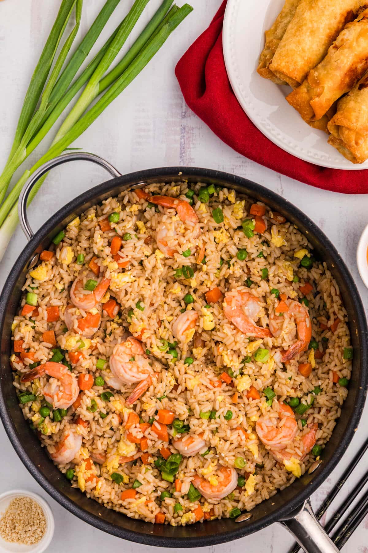A pan of shrimp fried rice.