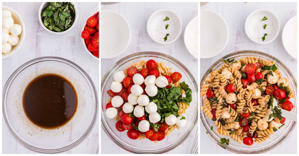 Collage of mixing ingredients in a bowl.