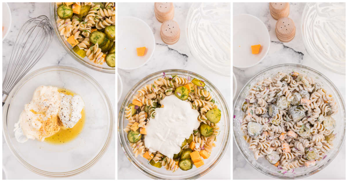 Collage of making the dressing and adding to the bowl with the ingredients.
