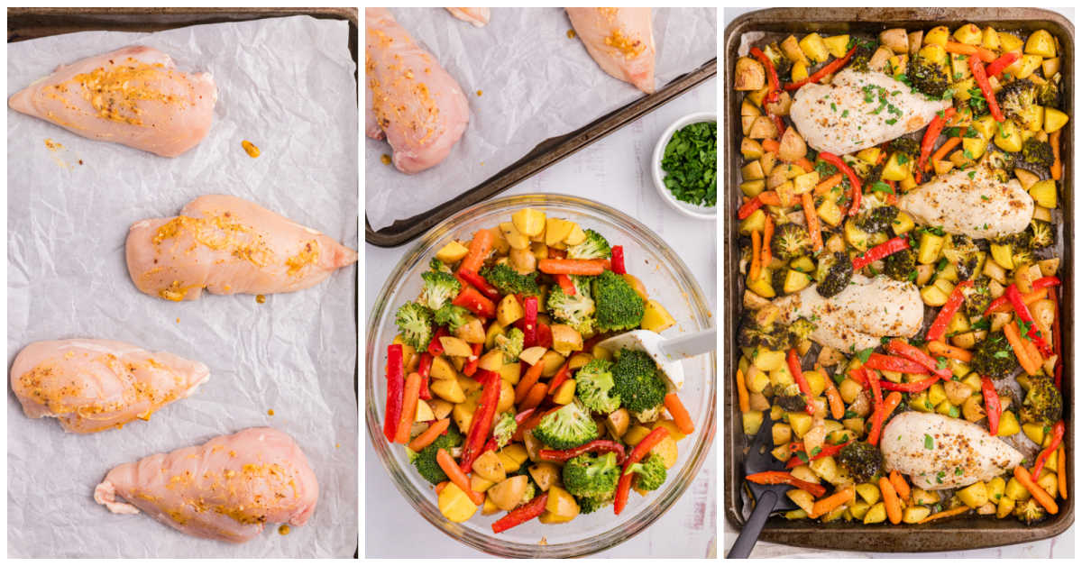 Collage of adding the marinade to the chicken and veggie and then baking.