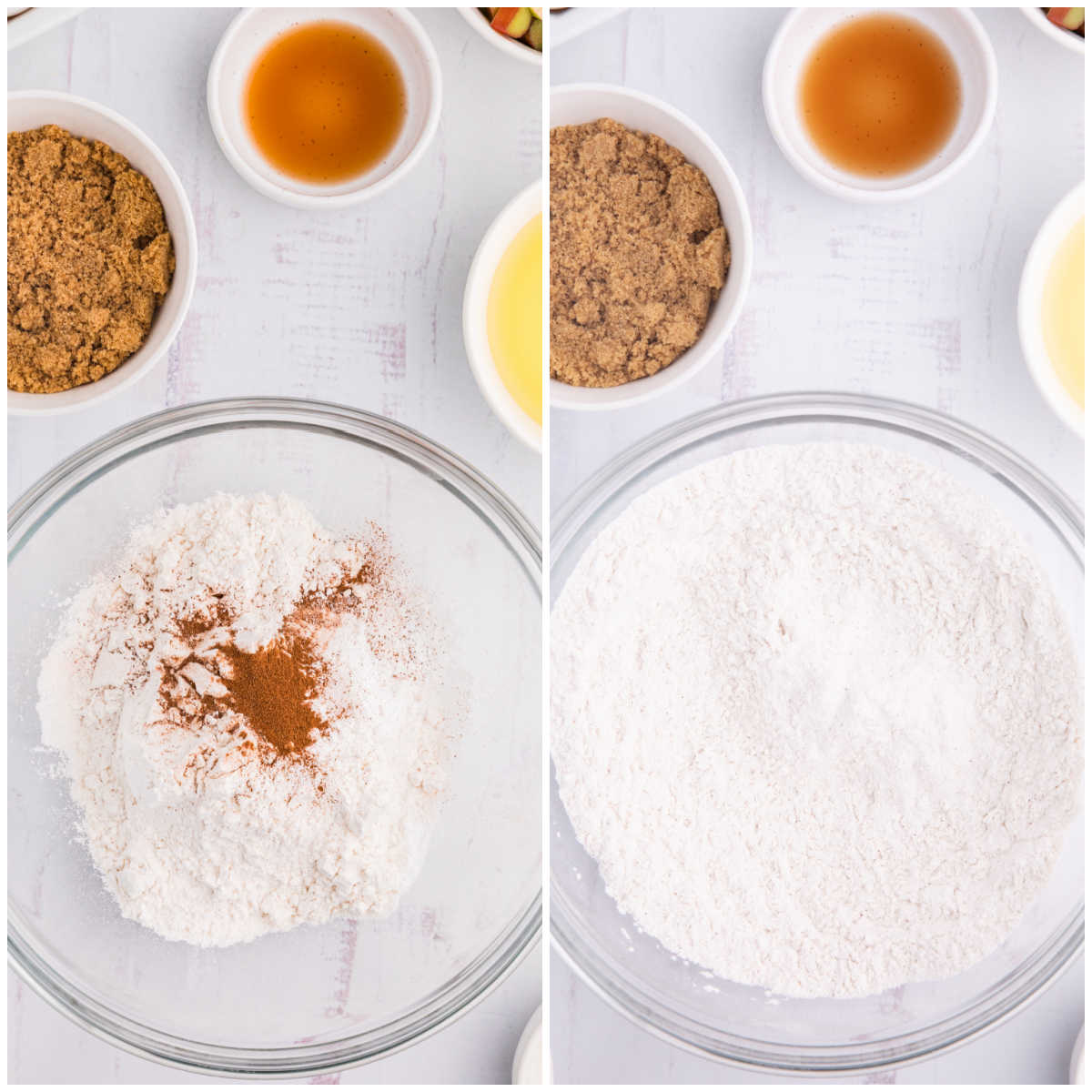 Collage of mixing dry ingredients in a bowl.