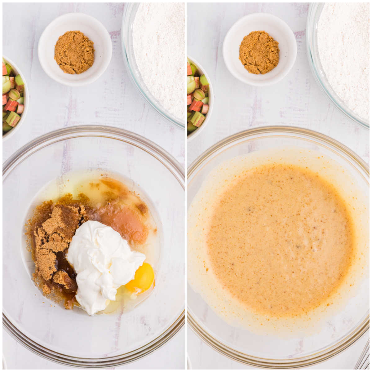Collage of mixing wet ingredients in a bowl.
