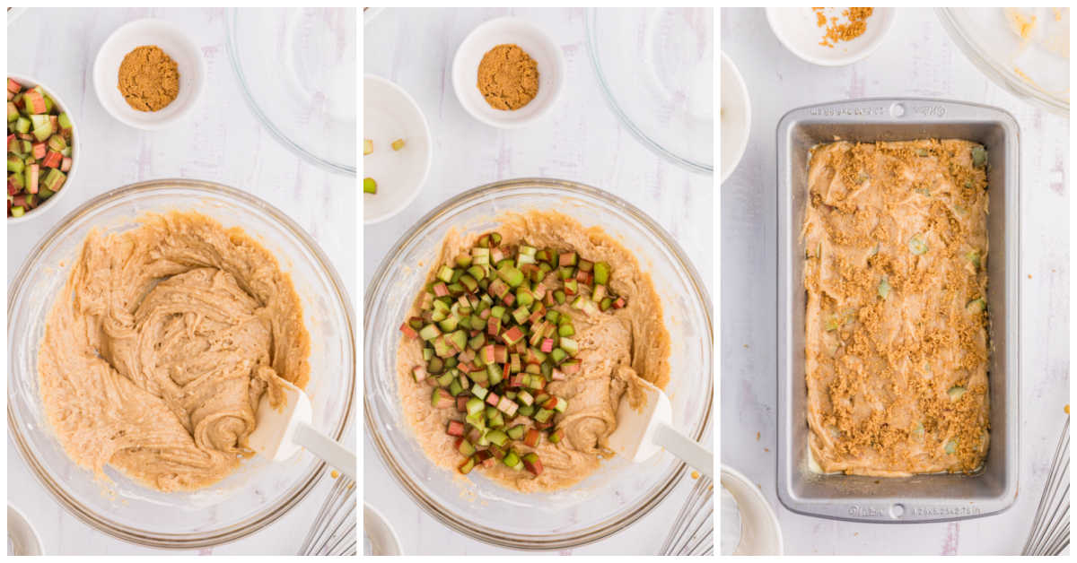 Collage of mixing ingredients in a bowl and adding to a loaf pan.