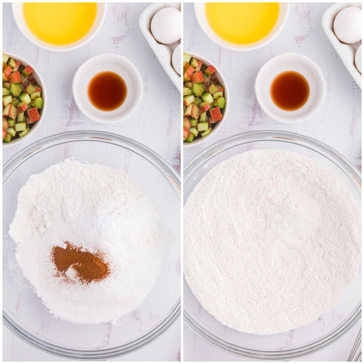 Collage of mixing dry ingredients in a bowl.