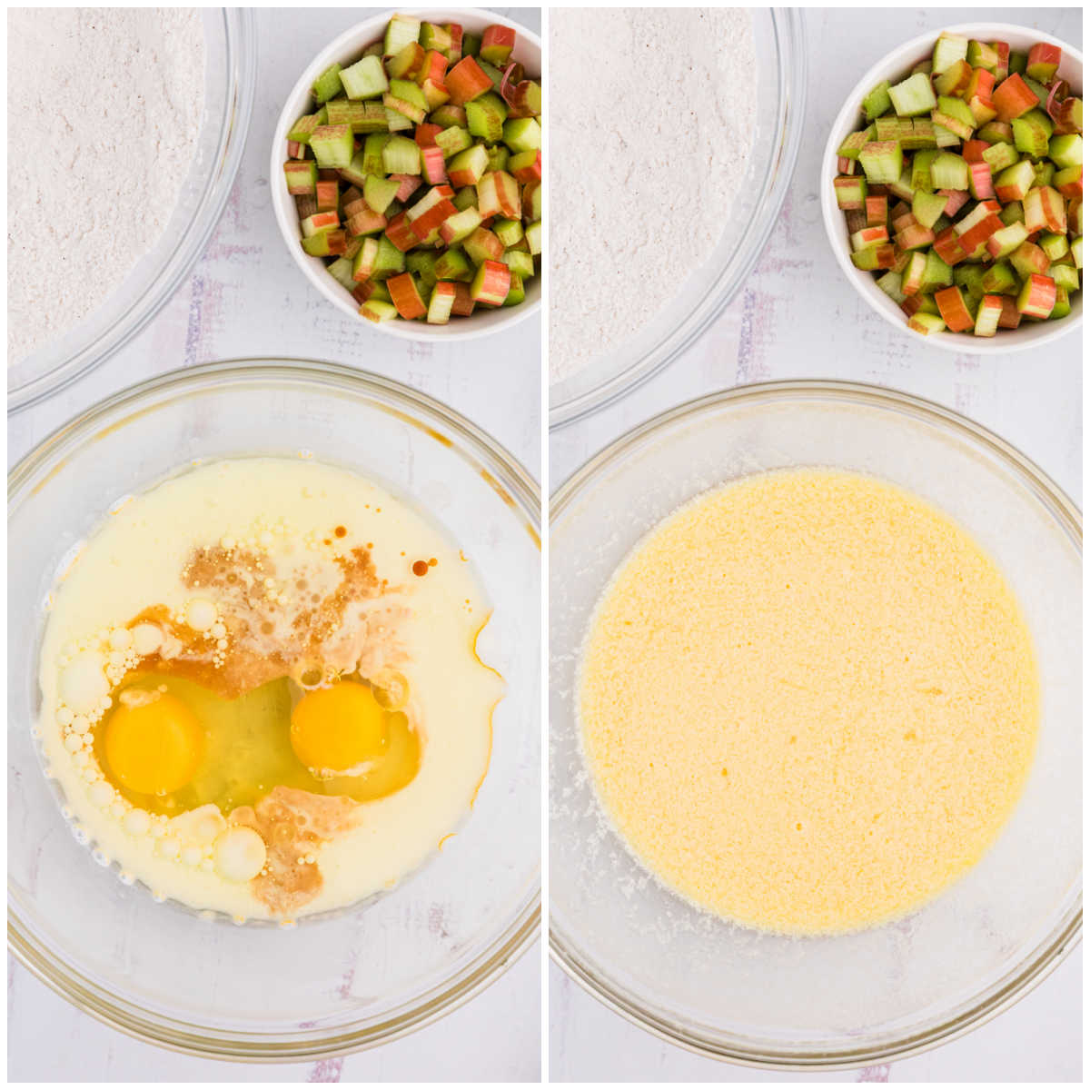 Collage of mixing wet ingredients in a bowl.