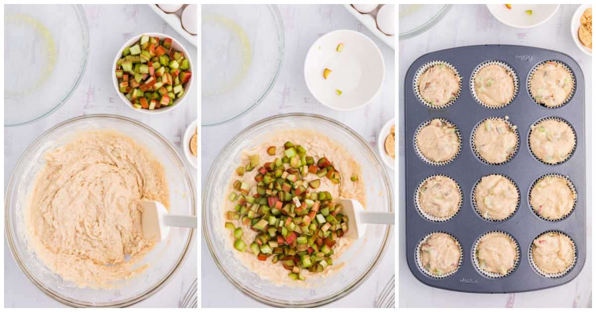 Collage of mixing ingredients and adding to a muffin pan.