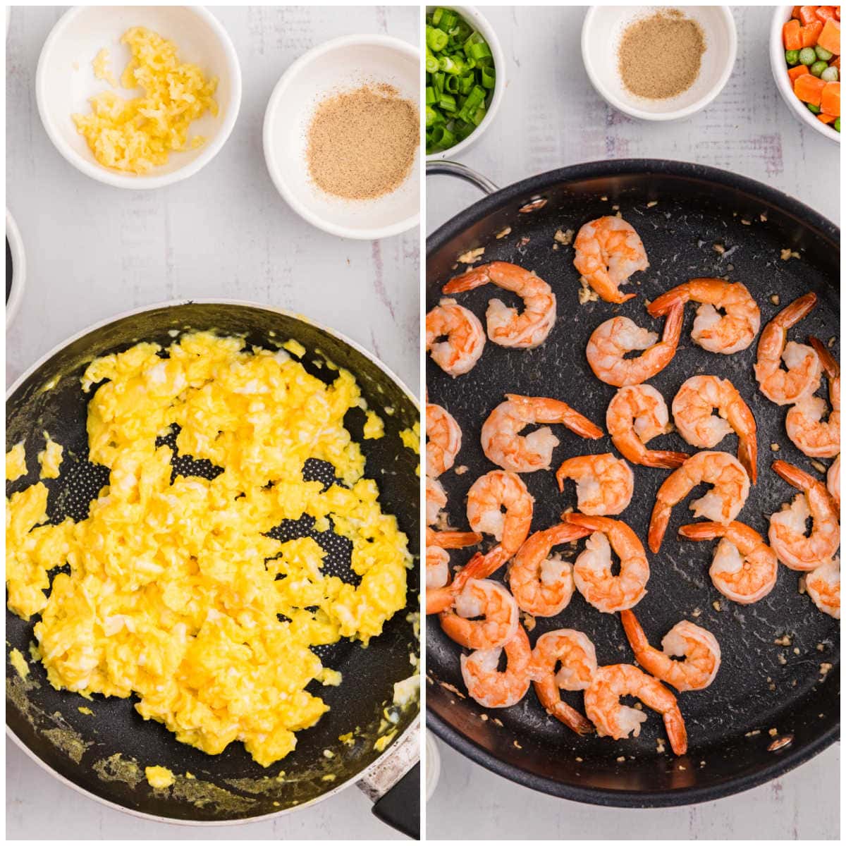 Collage of cooking the eggs and shrimp in a skillet.