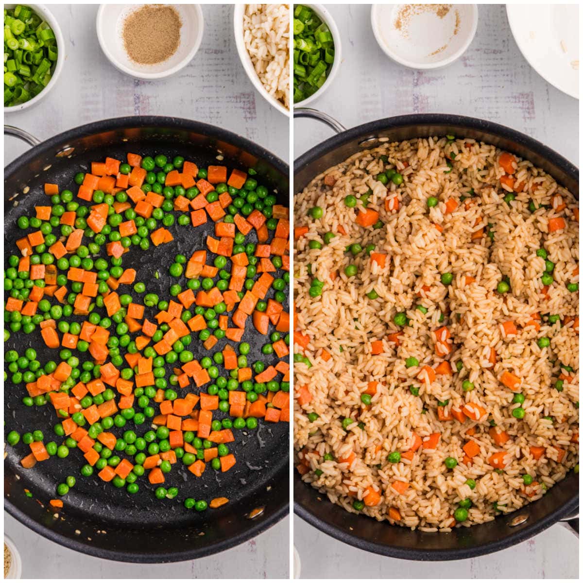 Collage of cooking the peas and carrots and the rice in a skillet.
