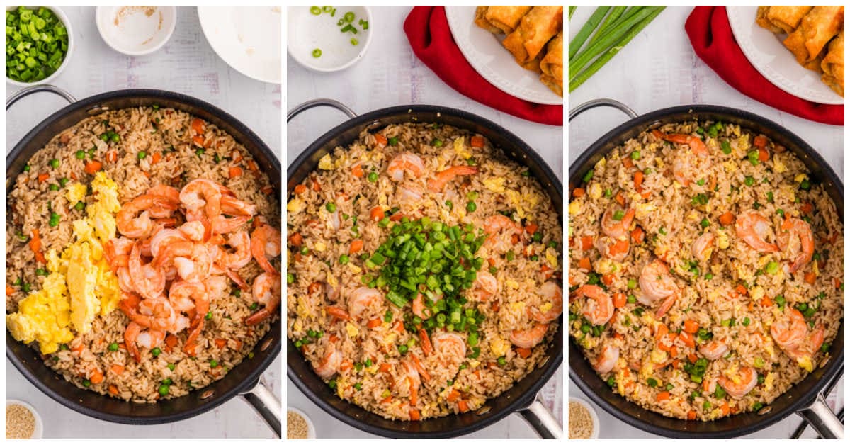 Collage of cooking ingredients in a skillet.