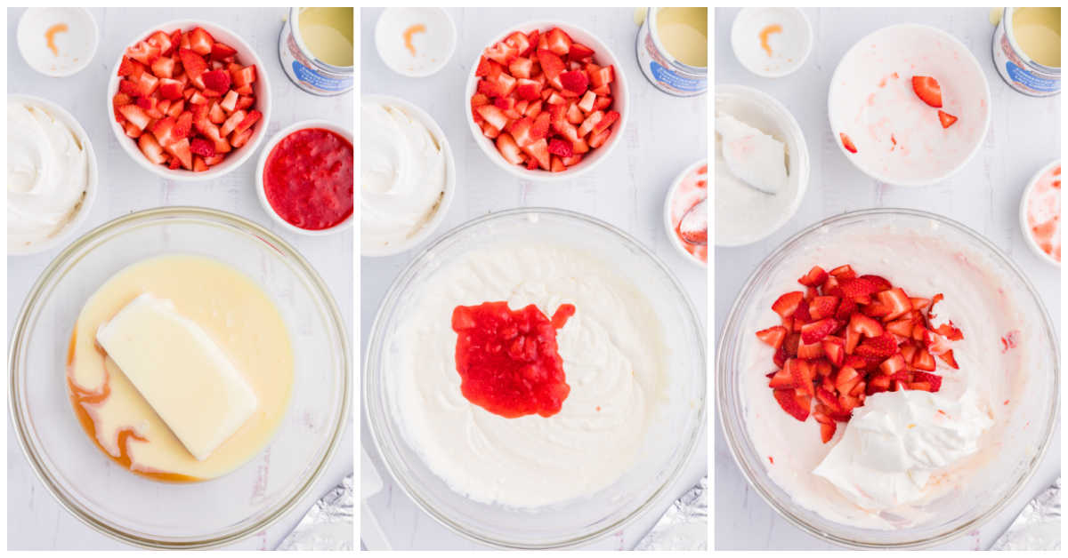 Collage of mixing ingredients in a bowl.