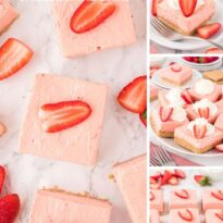 Pin collage of strawberry cheesecake bars.