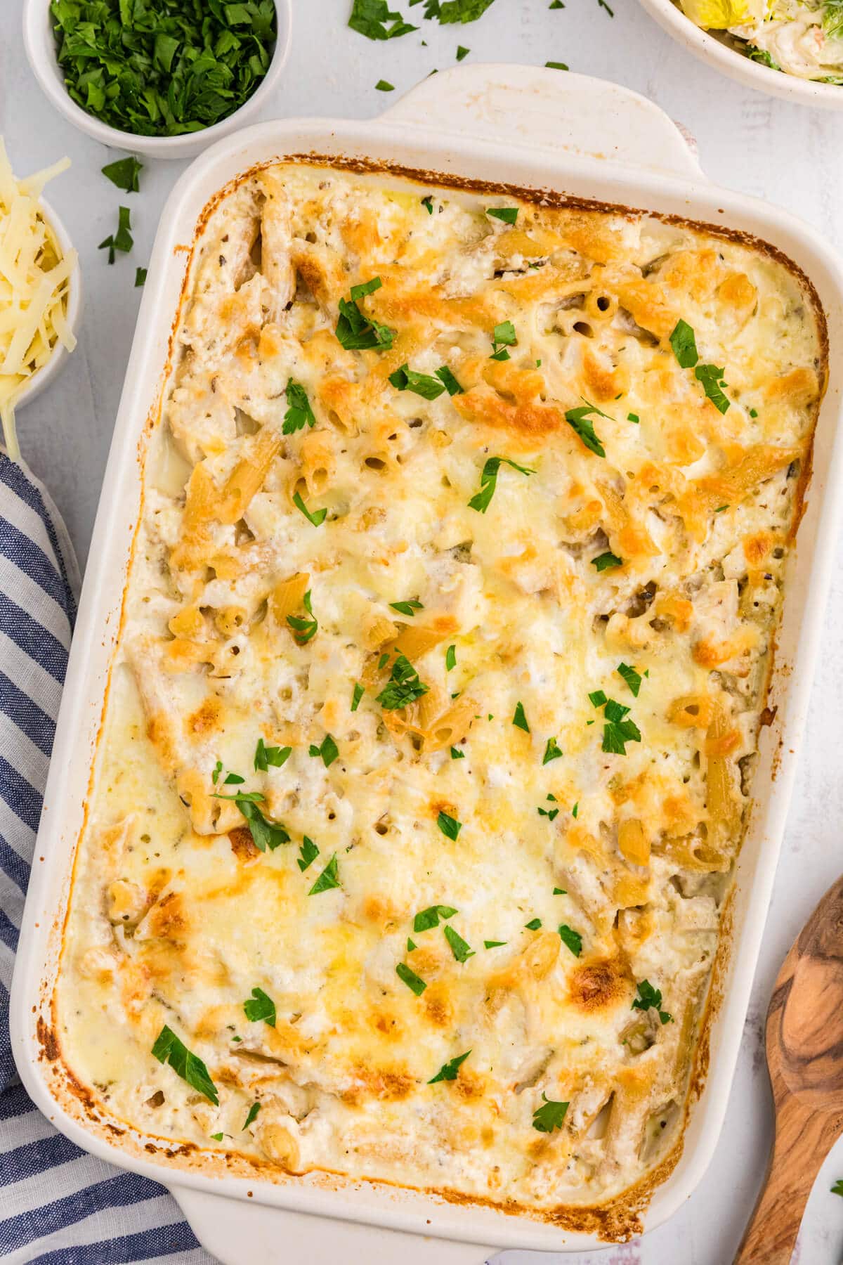 A pan of Chicken Alfredo Bake.