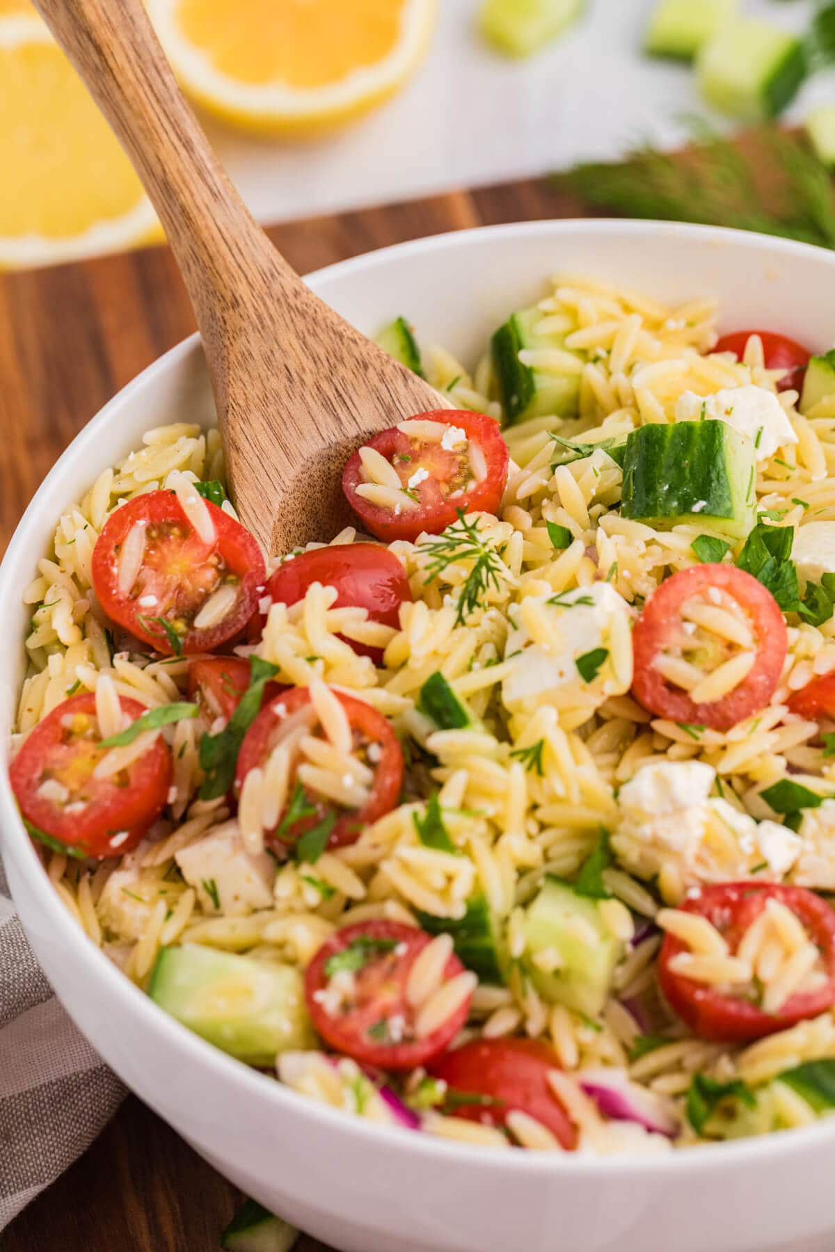 The recipe in a bowl with a wooden spoon.