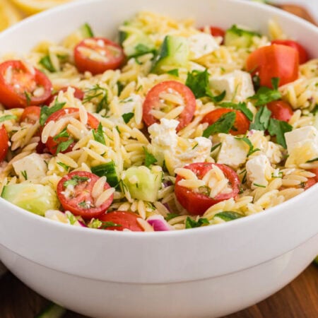 The recipe in a white serving bowl.