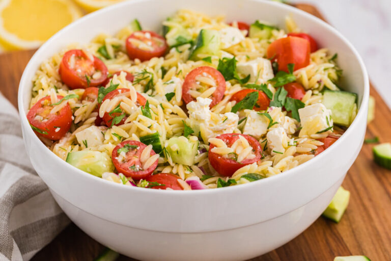 The recipe in a white serving bowl.
