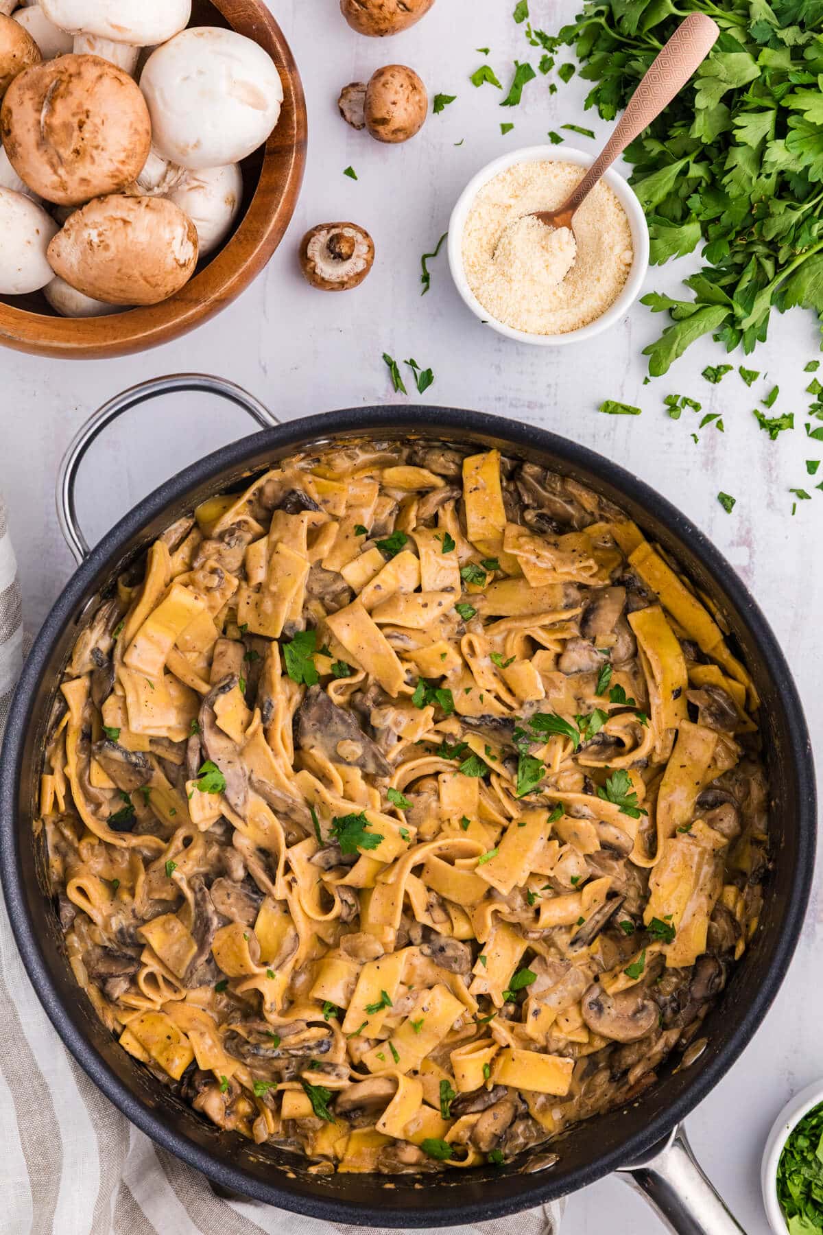 Mushroom Stroganoff in a skillet.