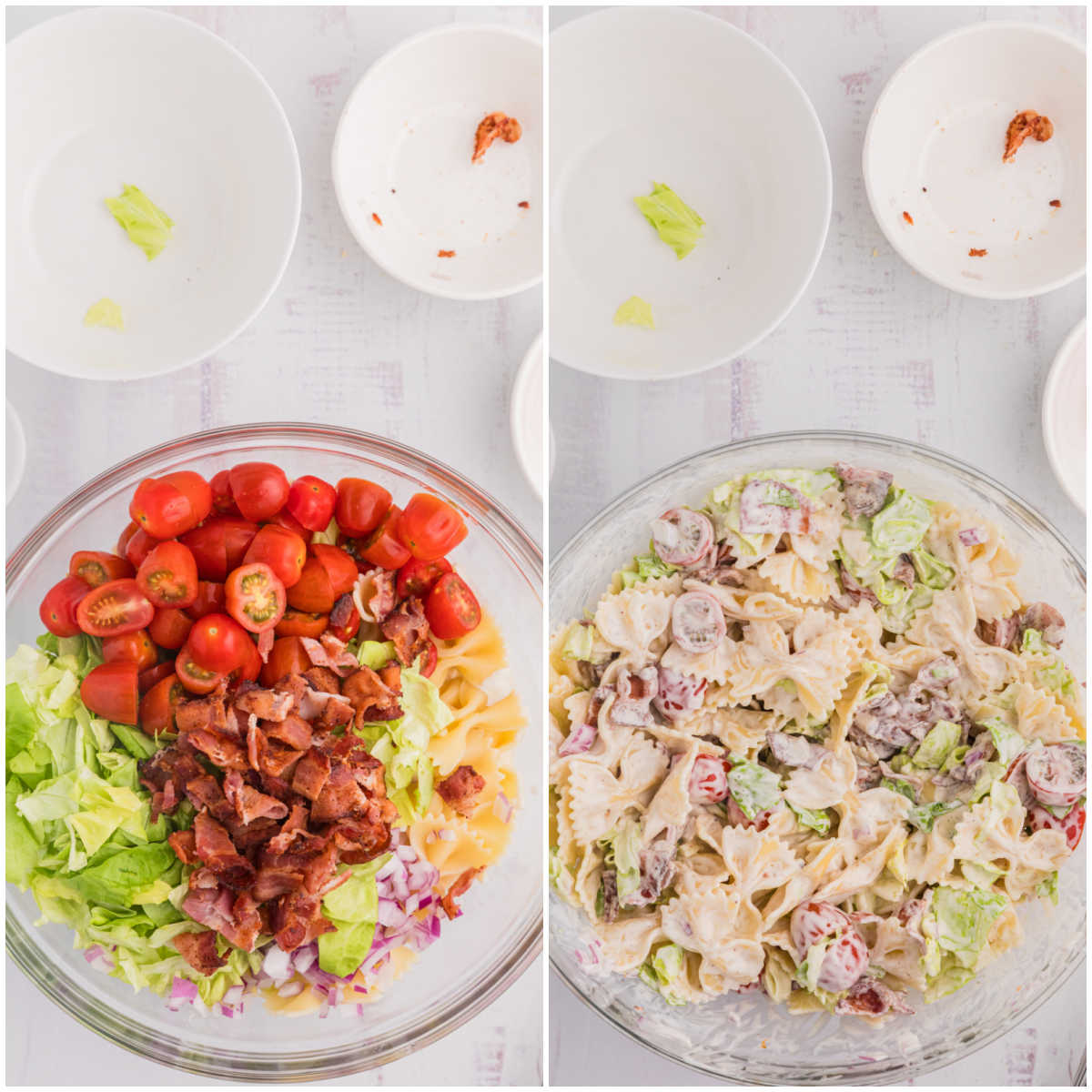 Collage of mixing ingredients in a bowl.