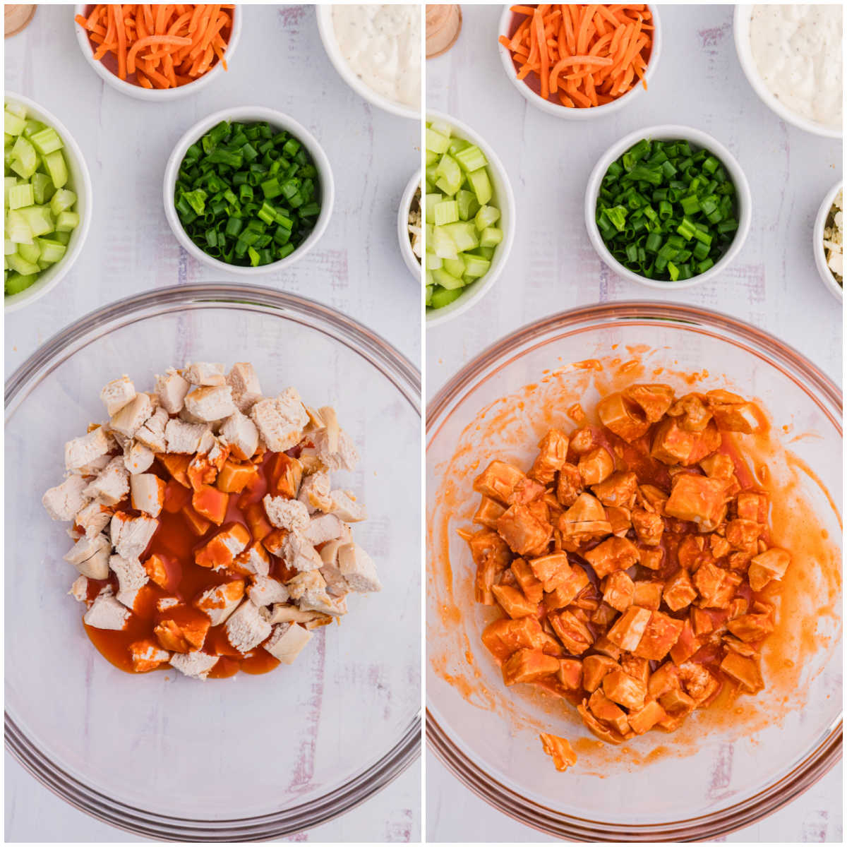 Collage of mixing ingredients in a bowl.
