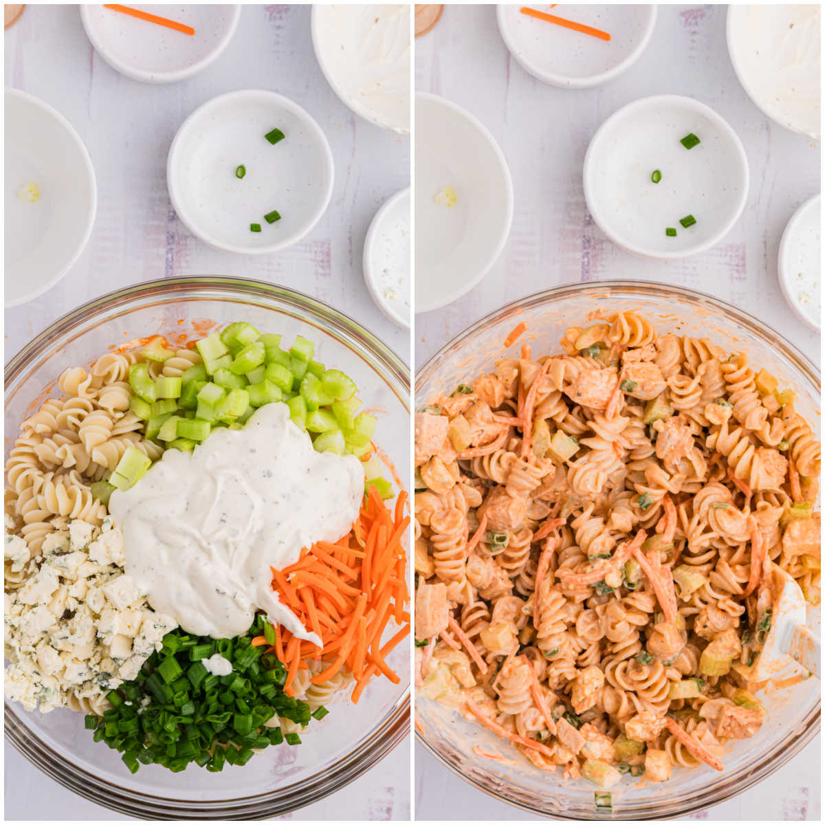 Collage of mixing ingredients in a bowl.