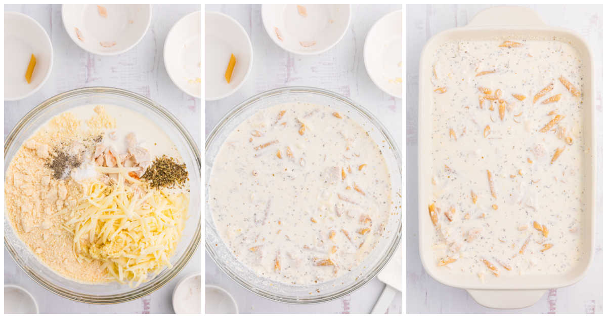 Collage of mixing ingredients in a bowl and adding to a pan.