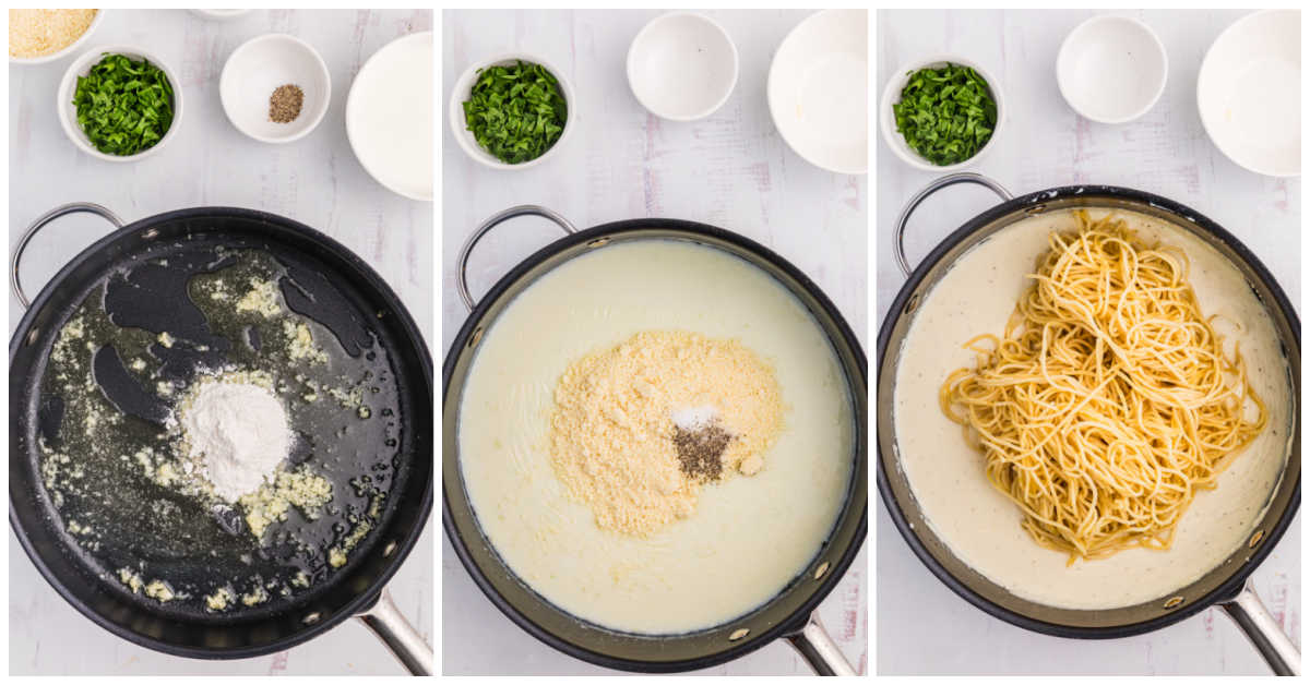 Collage of cooking the recipe in a skillet.