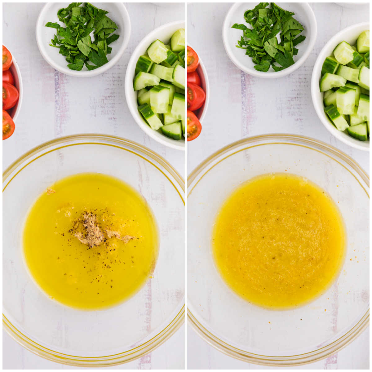 Collage of making the dressing in a bowl.