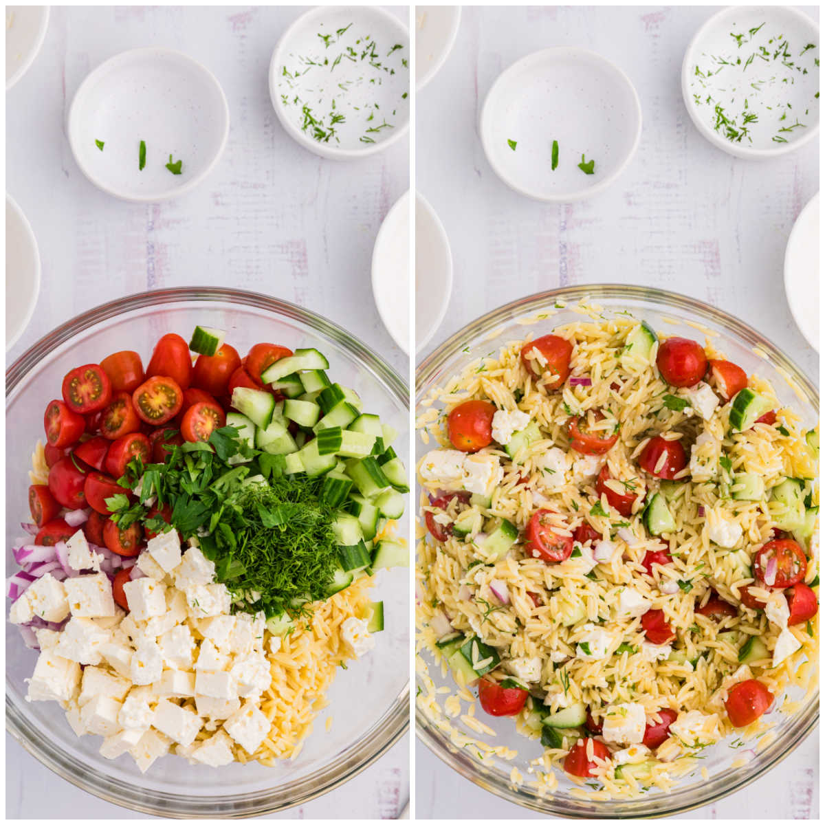 Collage of mixing ingredients in a bowl.