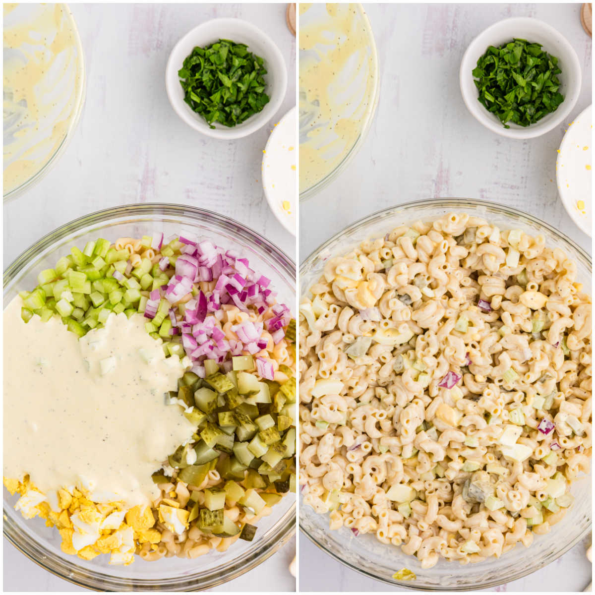 Collage of mixing ingredients in a bowl.