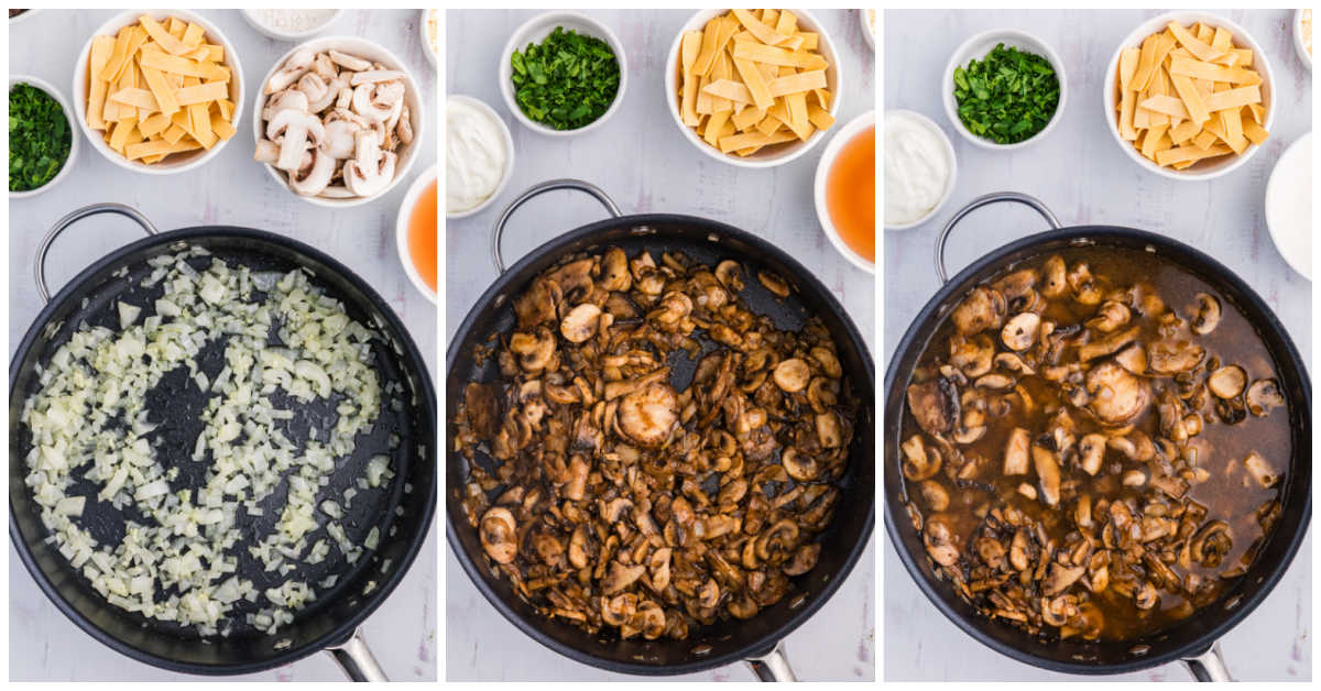 Collage of cooking ingredients in a skillet.