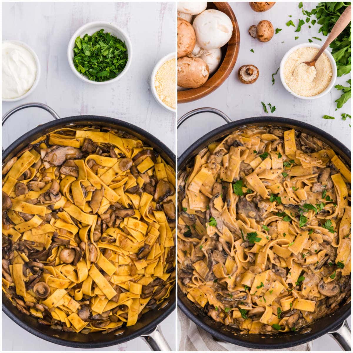 Collage of cooking the recipe in a skillet.