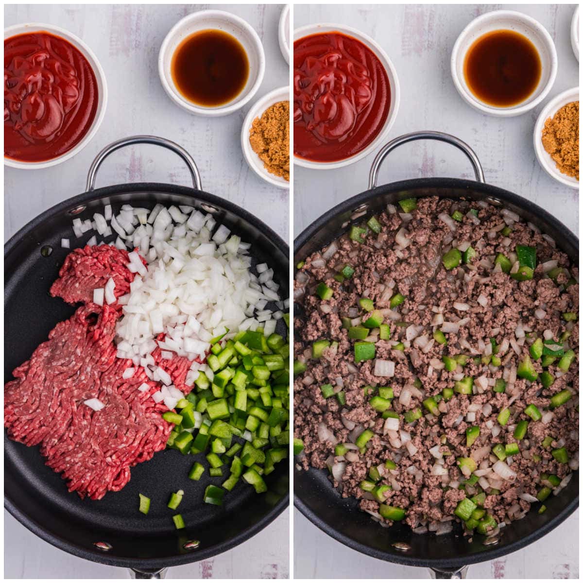 Collage of cooking the ingredients in a skillet.