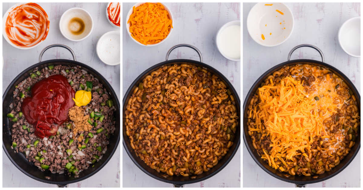 Collage of cooking ingredients in a skillet.