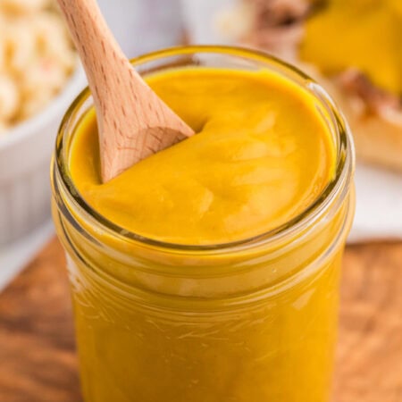 A jar of the recipe with a wooden spoon.