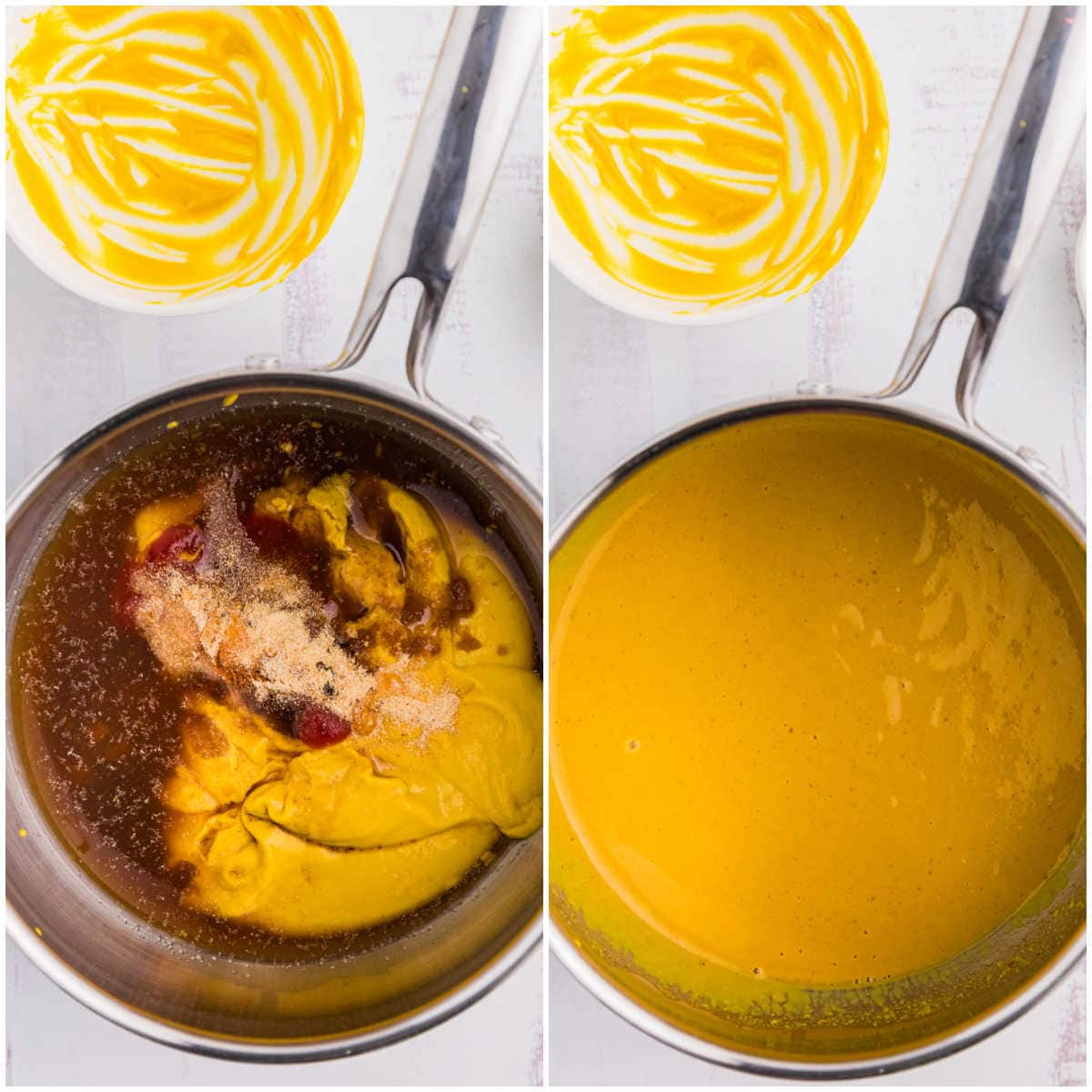 Collage of the ingredients being cooked in a saucepan.