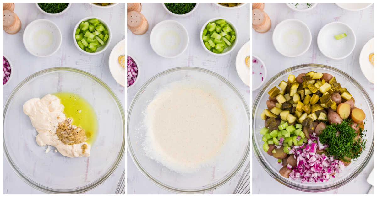 Collage of mixing ingredients in a bowl.