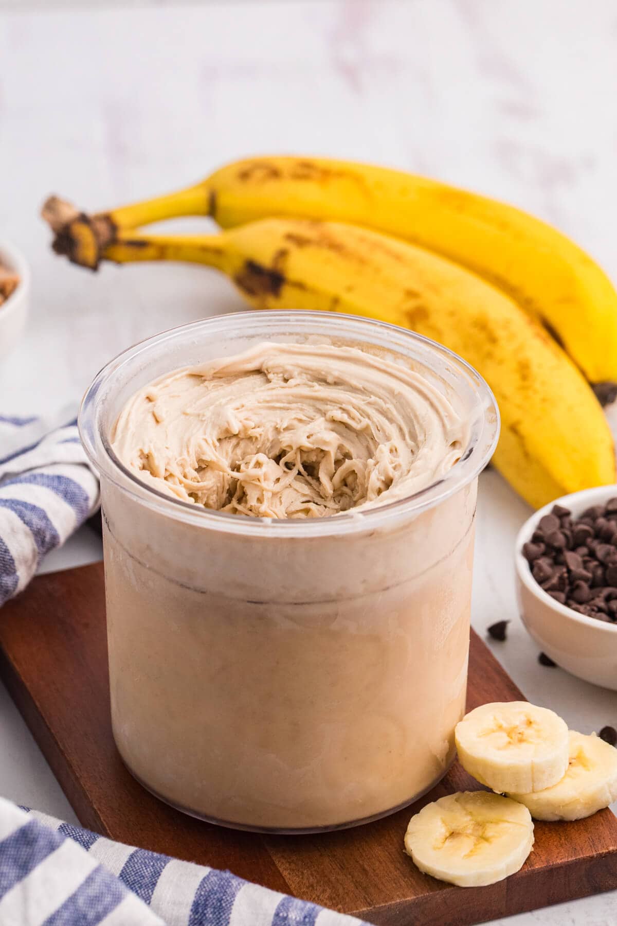 Peanut Butter Banana Ice Cream in a Ninja CREAMi pint container.
