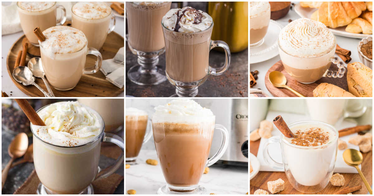 A collage of 6 hot fall drinks.