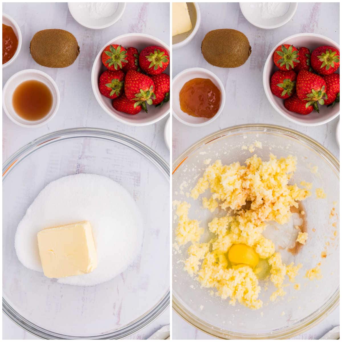 Collage of mixing ingredients in a bowl.