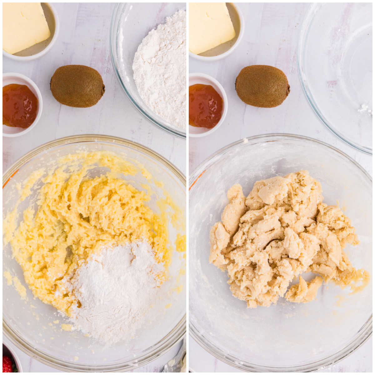 Collage of mixing ingredients in a bowl.