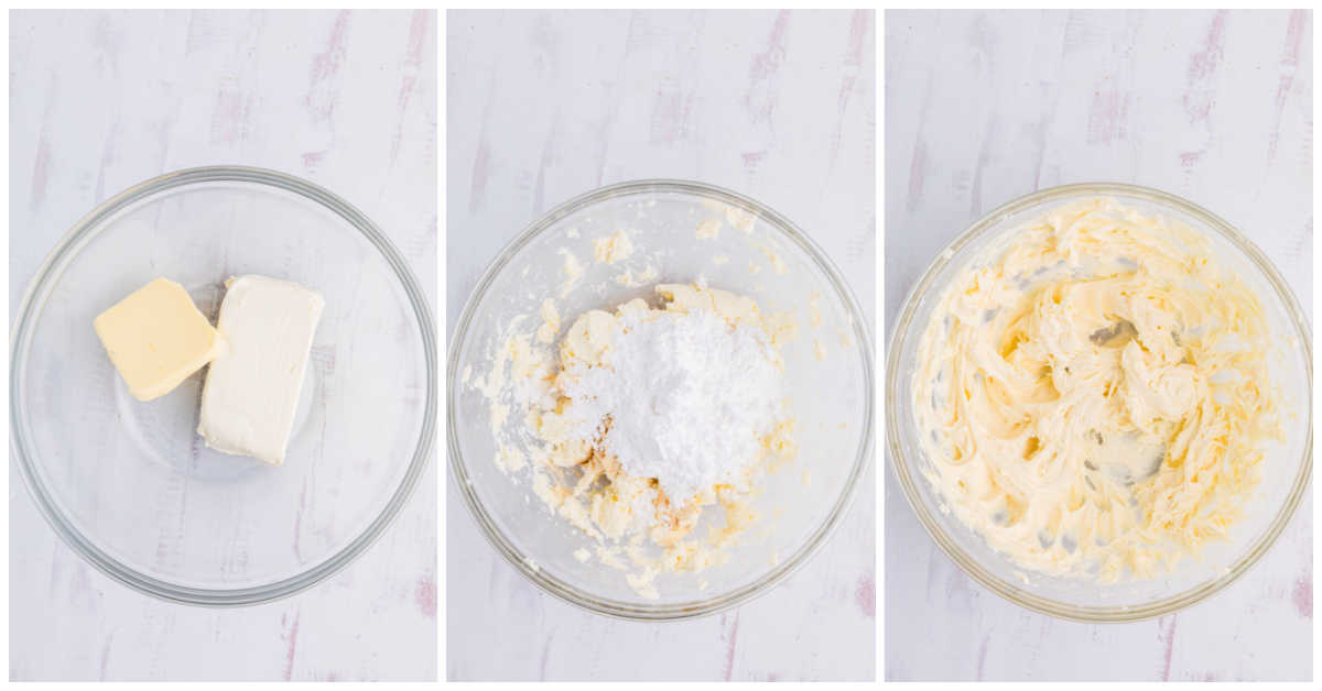 Collage of mixing ingredients in a bowl.