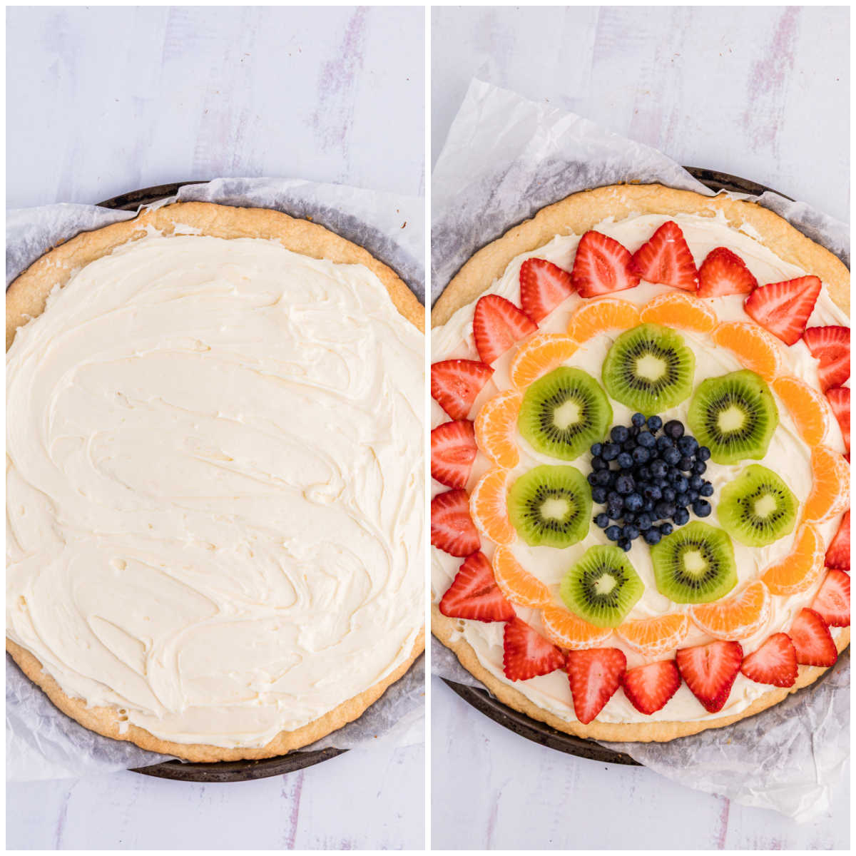 Collage of spreading the frosting and decorating the crust with fruit.