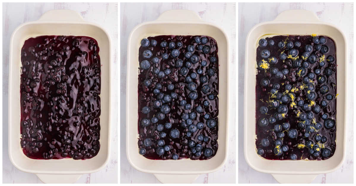 Collage of spreading ingredients in a pan.