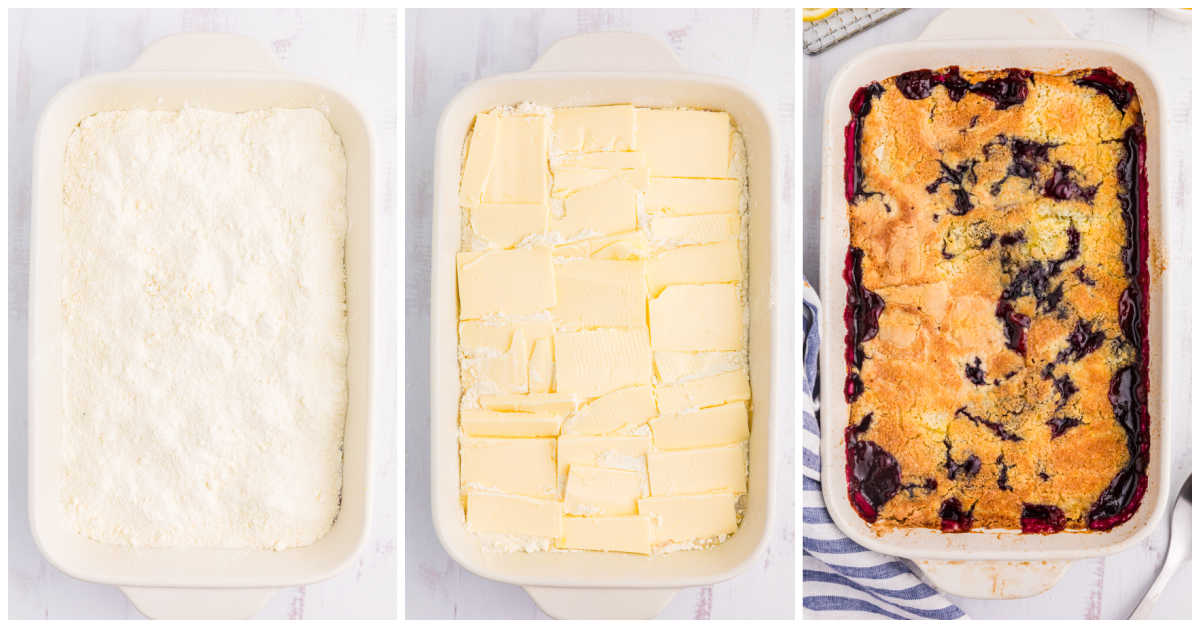 Collage of layering ingredients in a pan.