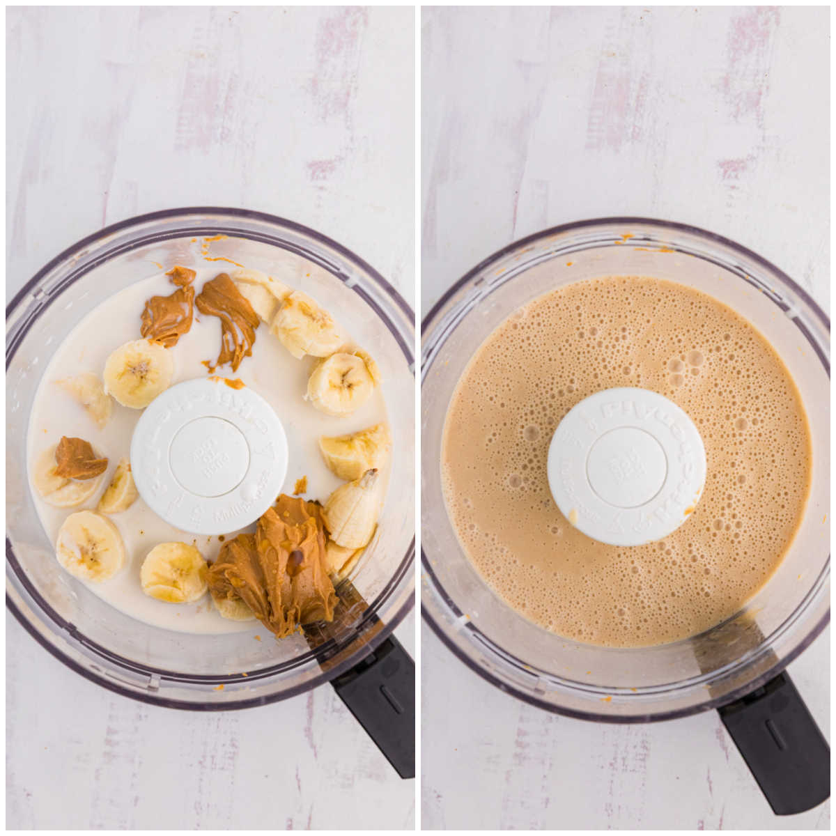 Collage of ingredients in a food processor.
