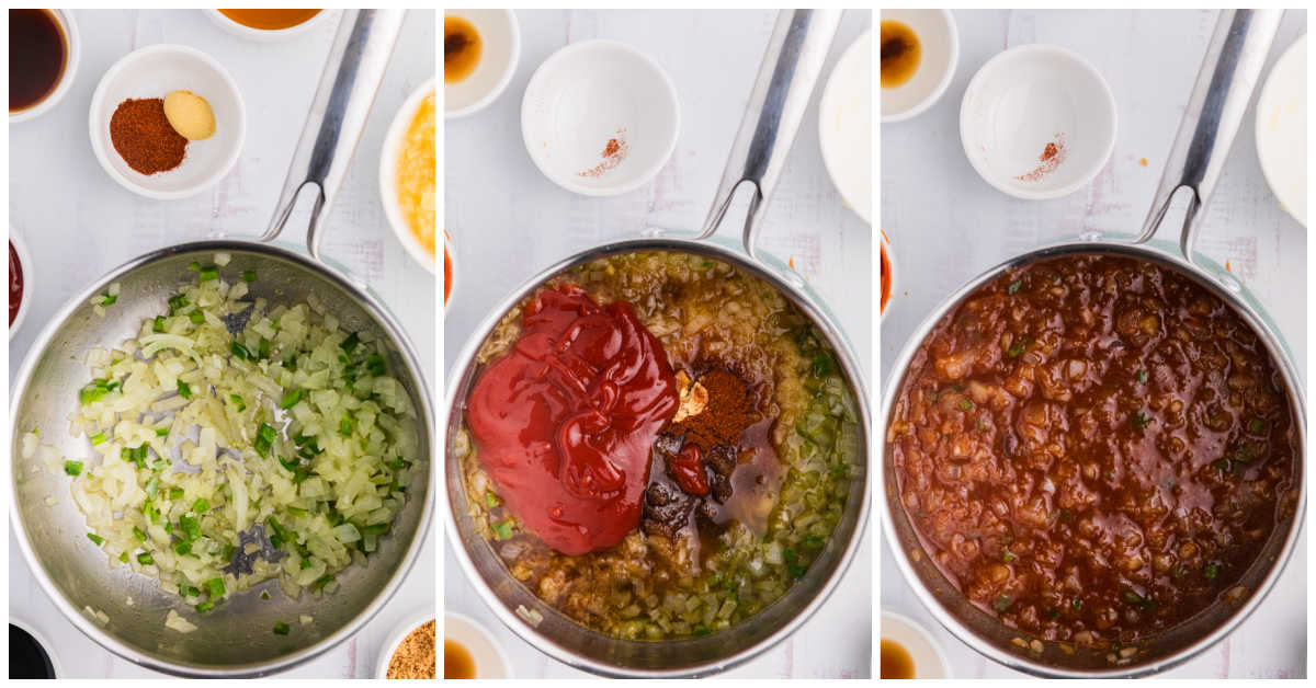 Collage of cooking ingredients in a saucepan.