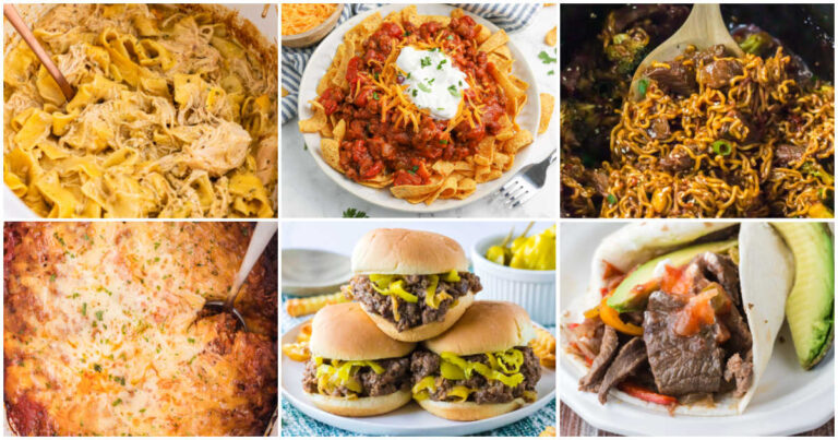 Collage of slow cooker dinners.