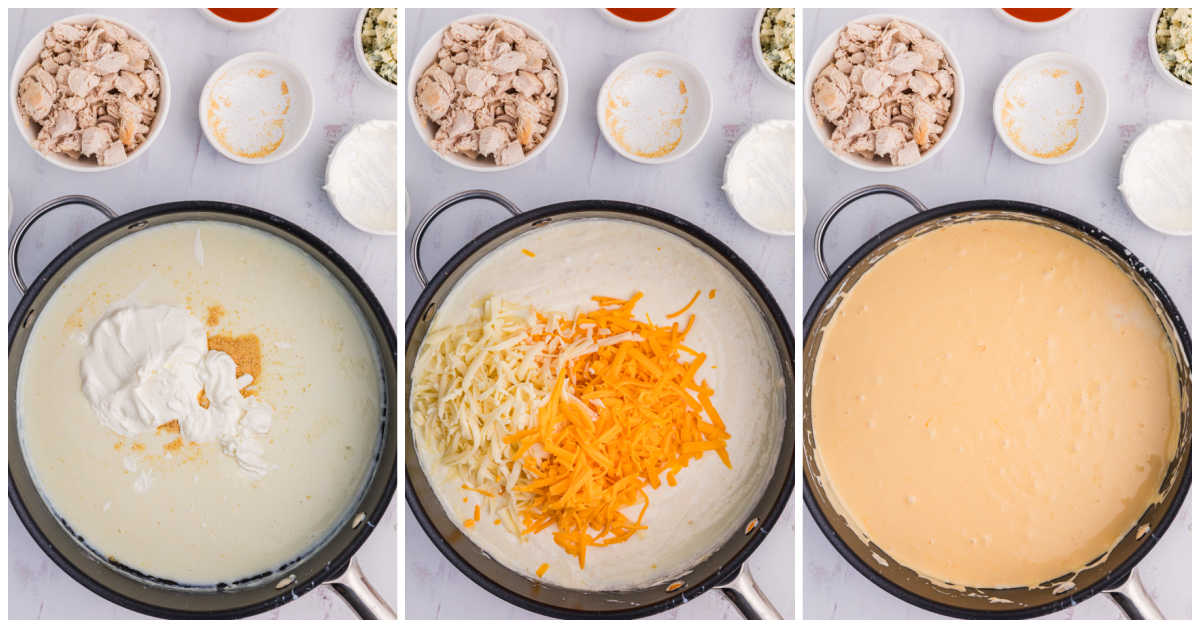 Collage of making sauce in a pan.