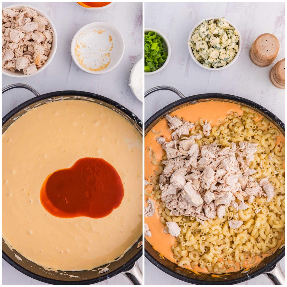 Collage of mixing ingredients in a pan.