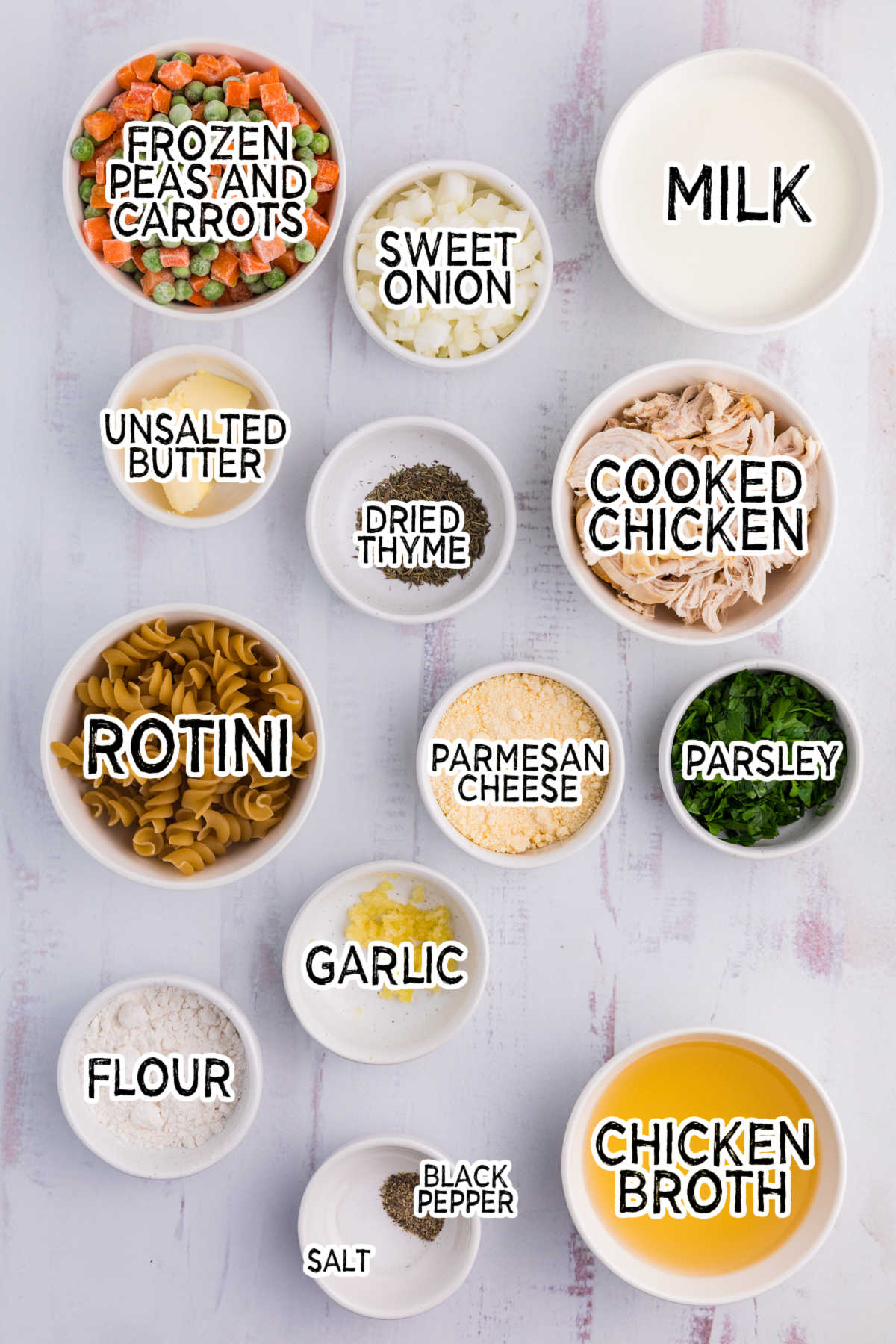 Ingredients on a white surface.